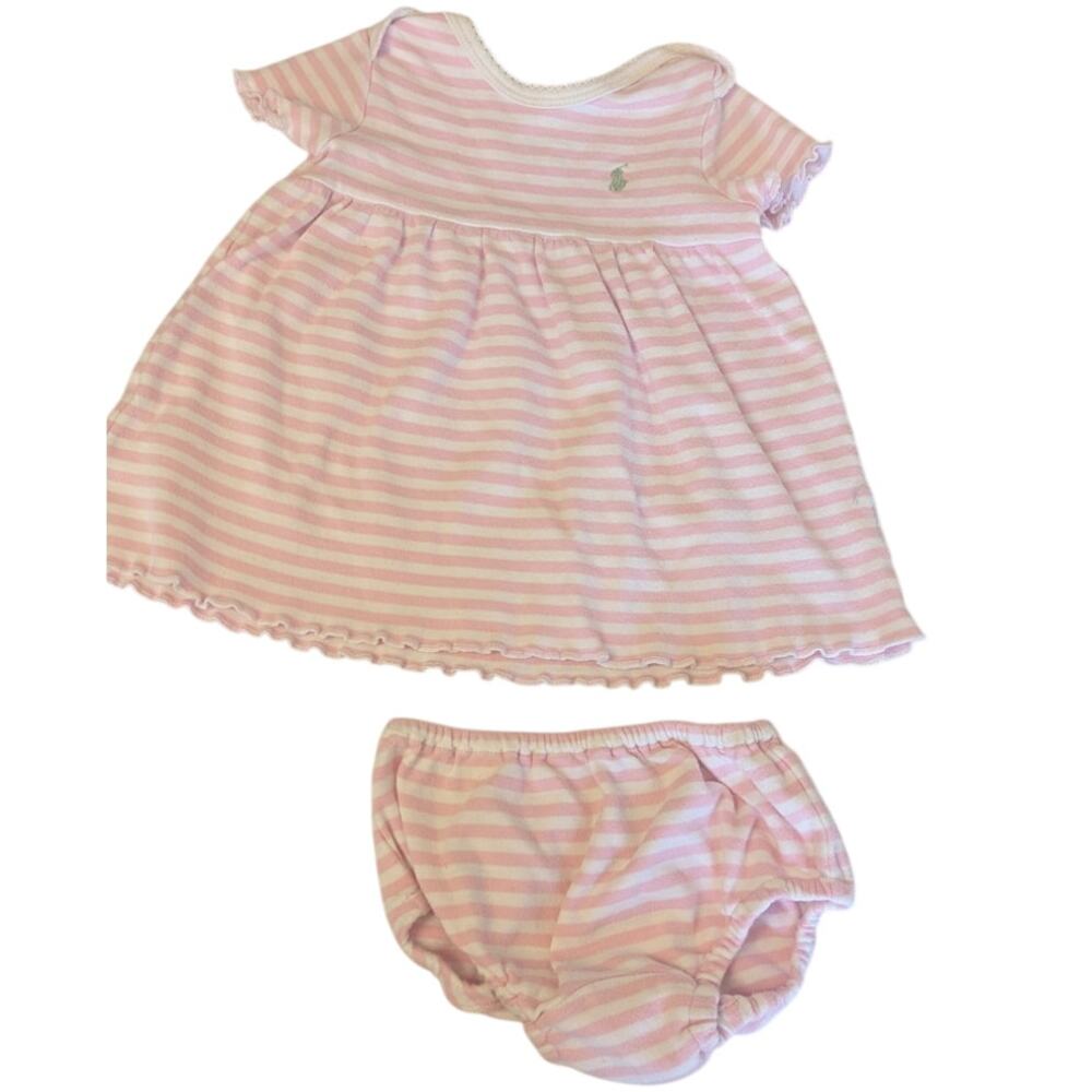 Ralph Lauren polo baby girl romper set pink white striped 2 piece size 6 months